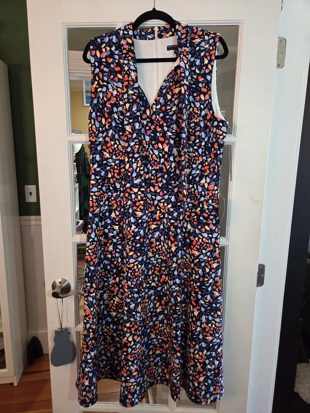 Maggy London Navy Sleeveless V-Neck Dress with Multicolor Floral Spots - Size 16